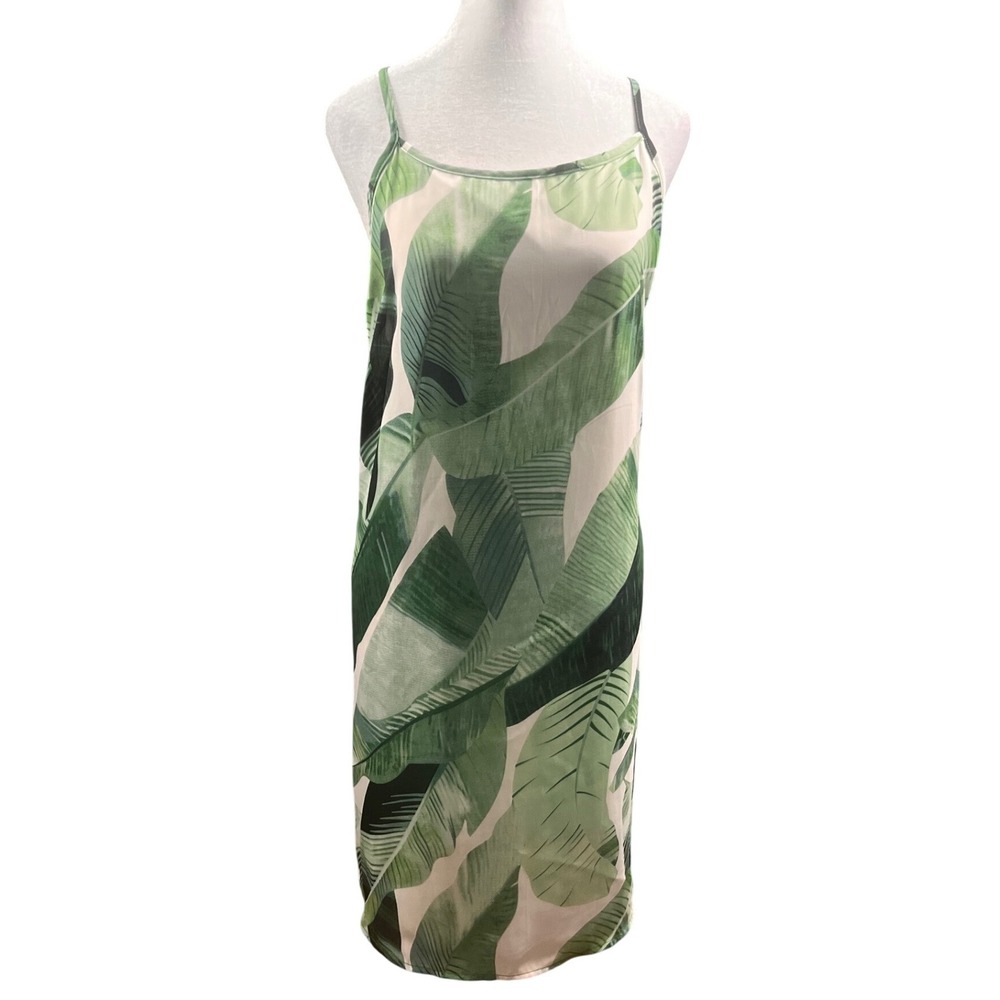 NWOT Women Green Tropical Banana Leaf Print Slip Dress XL Sleeveless